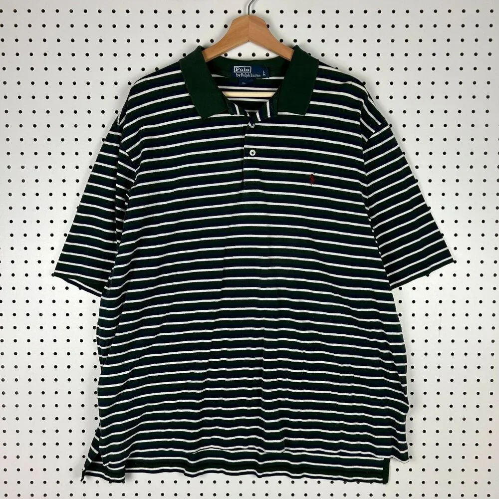 Polo Ralph Lauren Polo Shirt Size XXL Striped Golf Button Green‎ White Blue Pony
